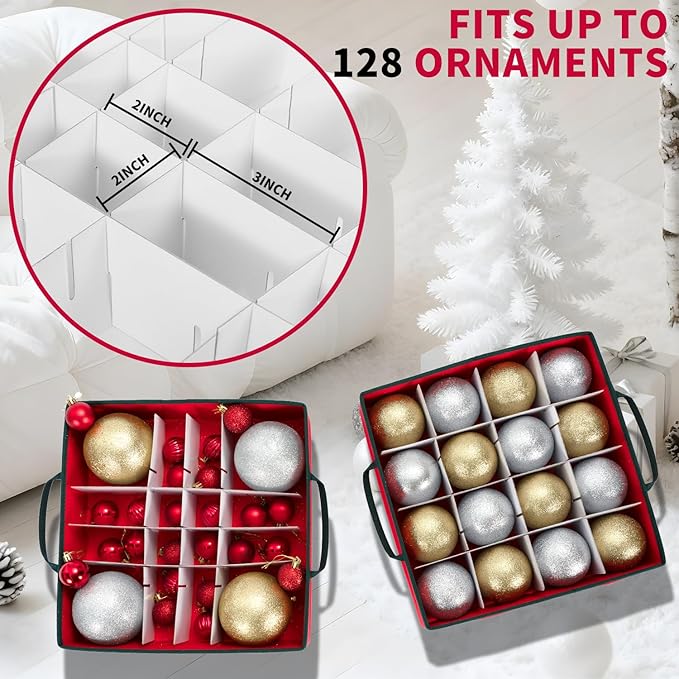 Large Christmas Ornament Storage Box With Adjustable Dividers,Ornament Storage Container with 8 Removable Trays for 128 Holiday Decorations,Red