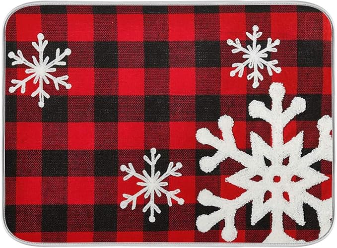 Christmas Red Plaid Snow Snowflake Dish Drying Mat 16x18 inch Red Black Lattice Texture Dish Drainer Kitchen Counter Mats Bottles Dish Dry Pad Protector for Kitchen Countertops