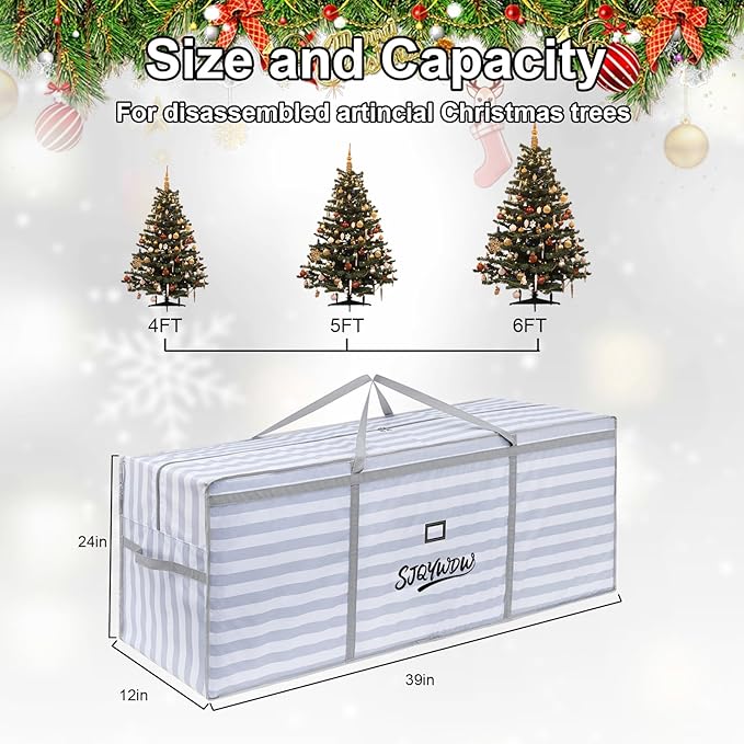 Small Christmas Tree Storage Bag 4ft/5ft Heavy Duty Reusable 600D Oxford Fabric, Moistureproof Dustproof Christmas Tree Bag for Short Artificial Christmas Tree(39X12X24in, Gray-White Stripes)