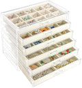 Acrylic Jewelry Box with 6 Drawers, Clear Earring Storage Organizer Display Case for Women Girls, Beige