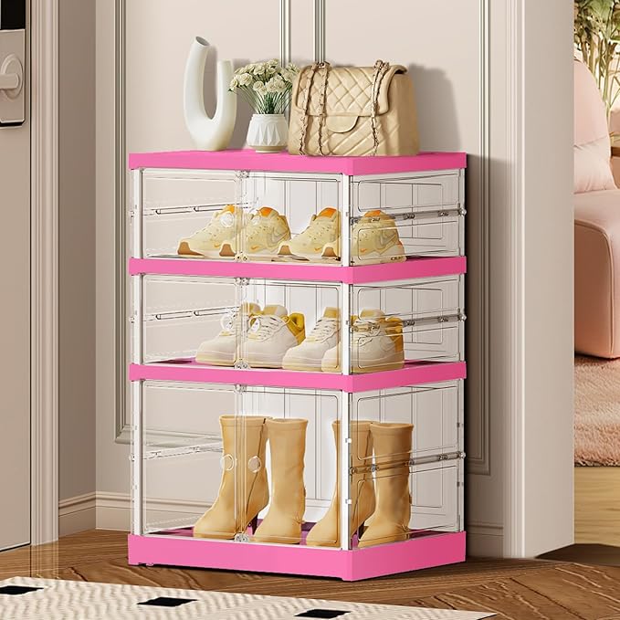 3-Tier Foldable Shoe Rack for Closet Entryway 3-6Pairs, Stackable Clear Shoe Storage Boxes Organizer with Door Plastic Small Shoe Cabinet Bins with Lids Shoes Shelf Easy Assembly（White-Pink）