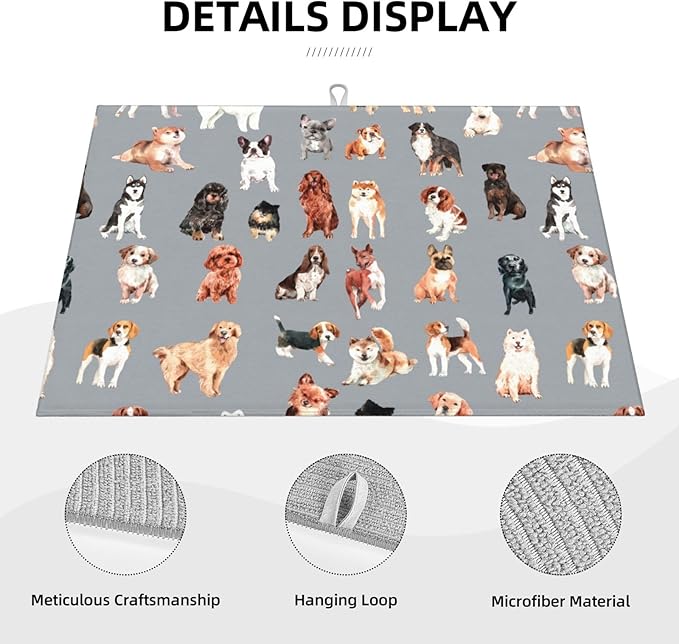 Cute Puppy Dog Dish Drying Mat 18 x 24 Inch for Kitchen Counter Cute Kitchen Mat Microfiber Kitchen Countertop Absorbent Reversible Drainer Rack Pad Dish Drying Mat