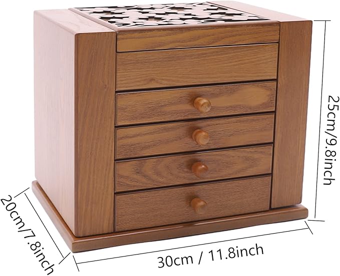 Wooden Jewelry Box for Women, 5-Layer Wooden Jewelry Organizer Boxes with 4 Drawers, Vintage Solild Wood Storage Case for Jewelries, Watches, Necklace, Ring (Light Brown)