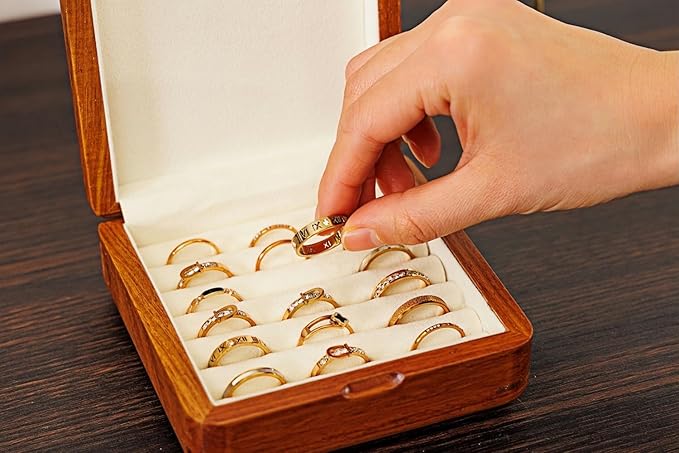 Solid Wood Ring Organizer, Handmade Walnut Jewelry Case for Multiple Rings, Cufflinks, Earrings - Portable Travel Size - Wooden Vintage Gift for Women, Valentine, Mother's Day