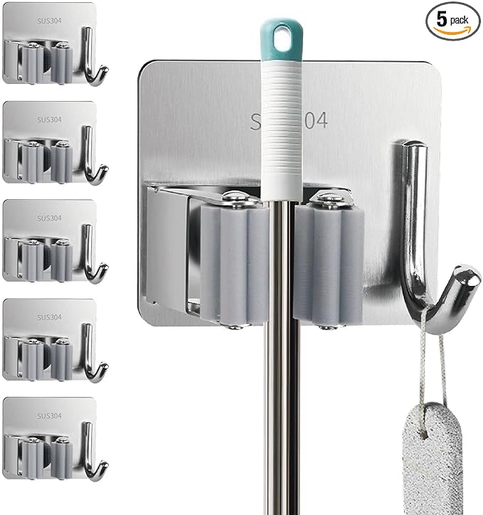 5 Pack Mop and Broom Holder Wall Mount, Silver Stainless Steel Mop and Broom Hanger with Hooks, Mop Broom Organizer for Closet Laundry Garage Garden Tool Organizer (Silver)