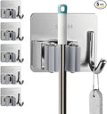 5 Pack Mop and Broom Holder Wall Mount, Silver Stainless Steel Mop and Broom Hanger with Hooks, Mop Broom Organizer for Closet Laundry Garage Garden Tool Organizer (Silver)