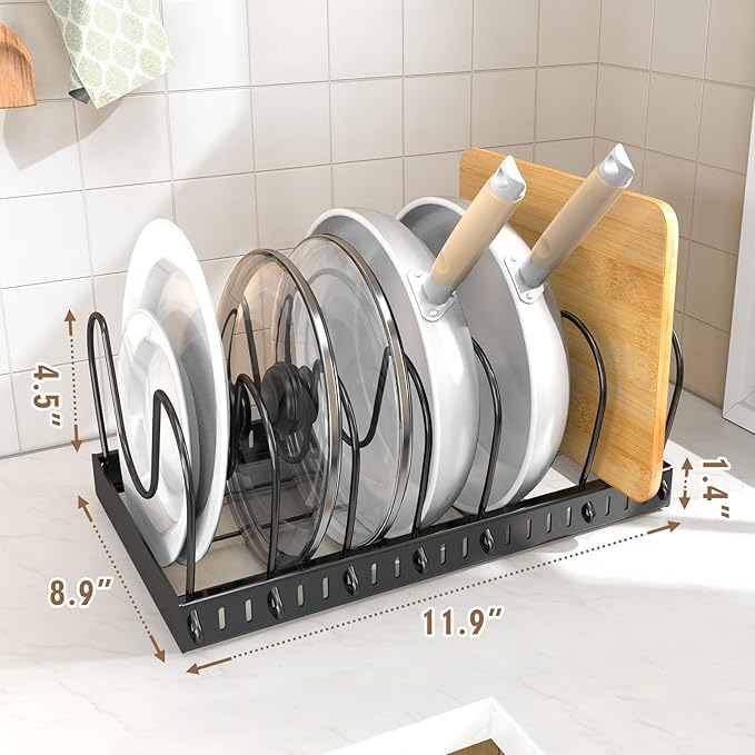 NomNest 2PACK Lid Organizers for Kitchen, Pots and Pans Organizer Under Cabinet with 16 Adjustable Dividers, Countertop Lid Holder, Rust-Resistant, Tool-Free Installation, Easy to Clean