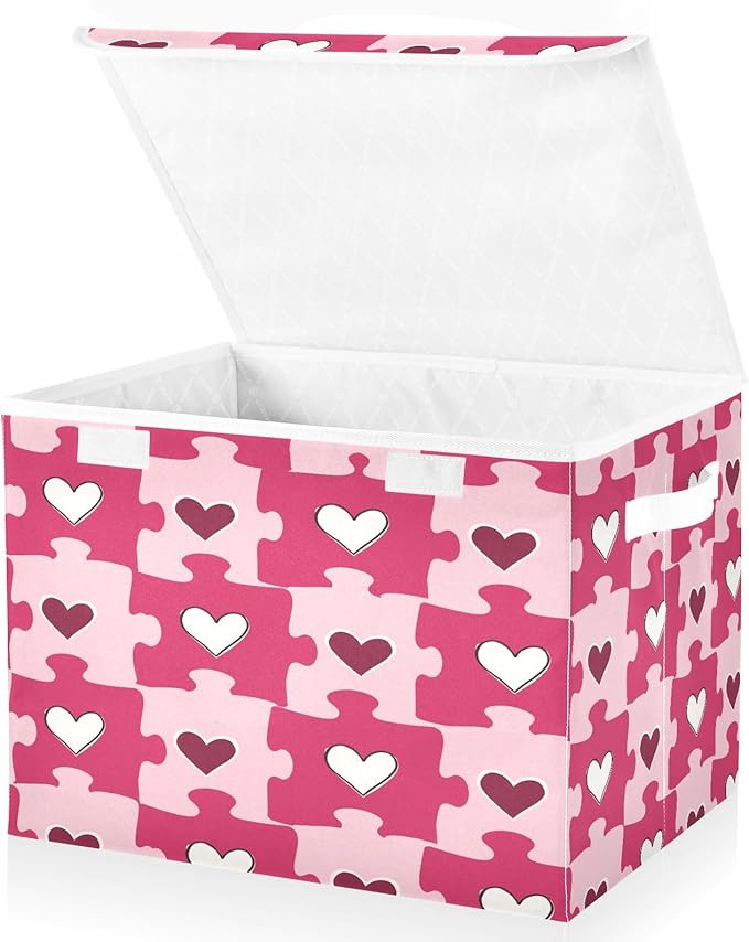 Bolaz Heart Shaped Love Puzzle Storage Bins with Lids and Handles, Foldable Storage Box Storage Basket with Cover Collapsible Organizer Containers for Home Closet, Shelves