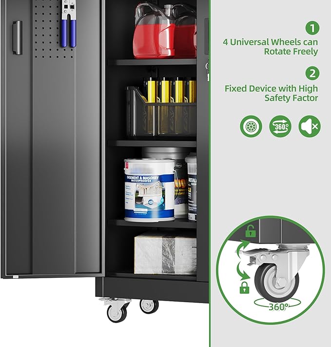 71" H Garage Storage Cabinet with Wheels and Pegboard,Lockable Metal Storage Cabinet with 5 Adjustable Shelves and Door for Garage, Office, Home, Assembly Required，Black
