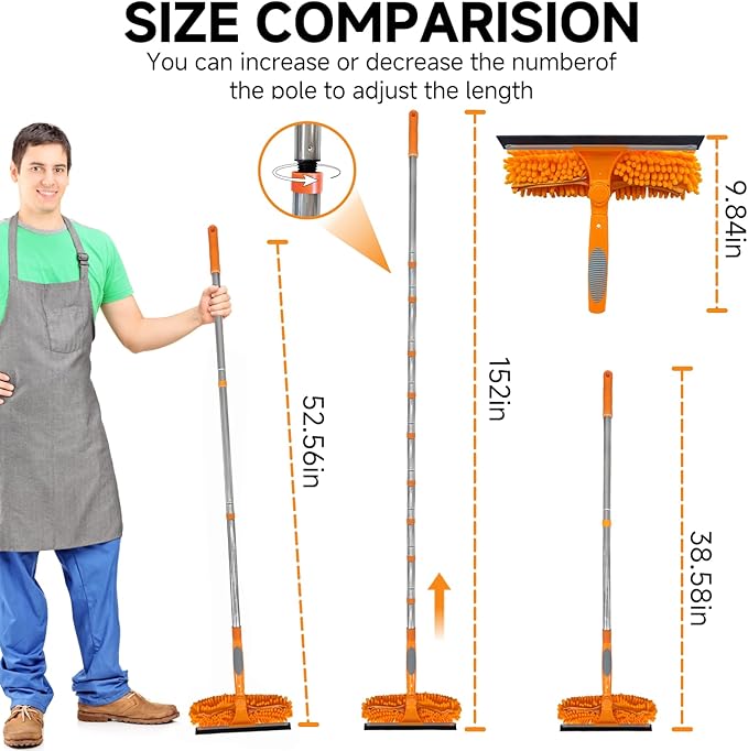 LILISPAI 152" Squeegee Window Cleaner 2 in 1 Rotatable Window Cleaning Tool Kit with Extension Pole, Window Washing Equipment with Bendable Head for Indoor/Outdoor Window and Car Glass