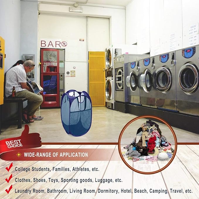 [Reinforced] Strong Mesh Pop-up Laundry Hamper, Quality Collapsible Laundry Basket with Durable Handles Solid Bottom High Carbon Steel Frame, Easy to Open and Fold Flat for Storage(Blue)