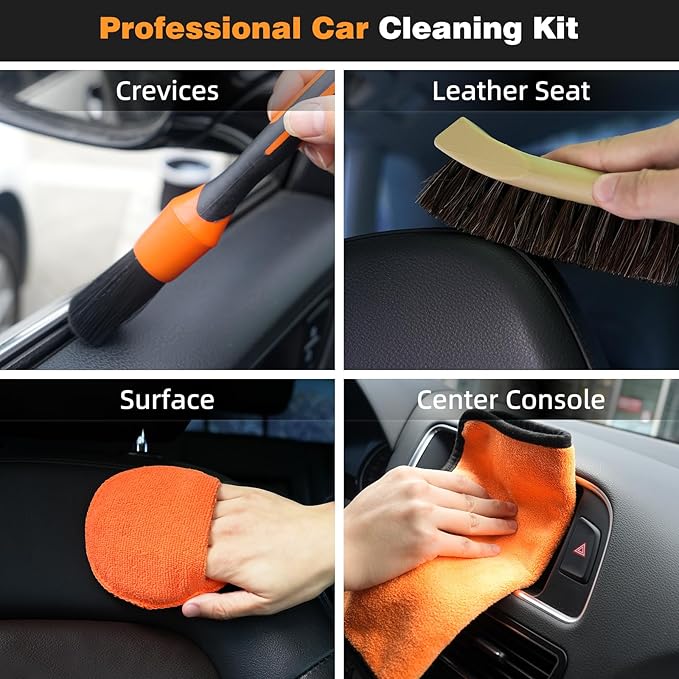 TOWBRUS 10PCS Car Interior Detailing Brush Kit, Horse Hair and Boar Bristle Brush Set with Elbow Adapter, Microfiber Wax Applicator Pads, Drying Towel and Cleaning Gel