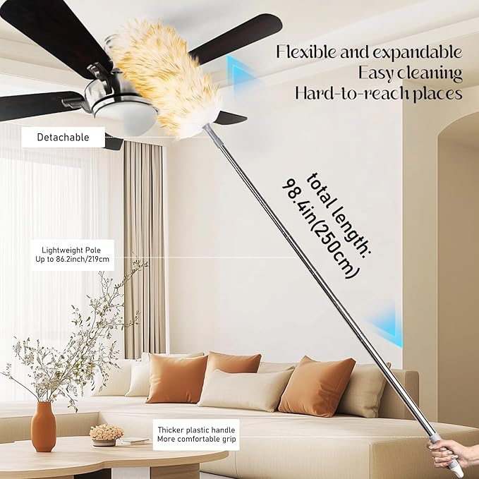 iHUFeather Lambswool Duster for Cleaning with Non-Slip Handle 98.4" Removable Retractable Feather Duster for Cleaning Ceiling Fans Window Blinds Interior Roof Furniture(1PCS)