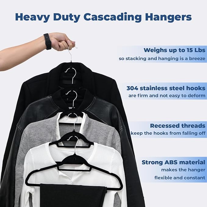 Limogoo Black Velvet Hangers 50 Pack, Felt Covered Non Slip Fabric with Stackable Cascading Hook, Ultra Thin and Space Saving with 360° Swivel Neck, 15Lbs Capacity for Clothes, Suit, Shirt, Coat
