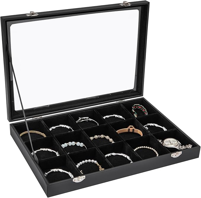 Polmart 15-Grid Jewelry Organizer/Storage/Display Case with Acrylic Lid, Black Velvet