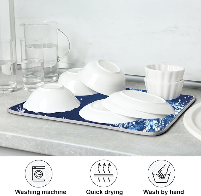 Christmas Tree Blue Dish Drying Mat for Kitchen Countertop 18x24 Winter Snowflake Silver Xmas Large Drying Mat Reusable Quick Dry Dish Sink Mats Easy Clean Decorative Essentials