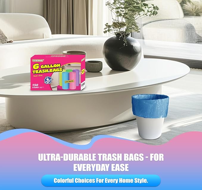T.FORING 6 Gallon Trash Bags Colored 0.94 Mil Thick - 150 Count Medium Garbage Bags for Bathroom, 22 Liter Plastic Wastebasket Liners for Home Office Kitchen