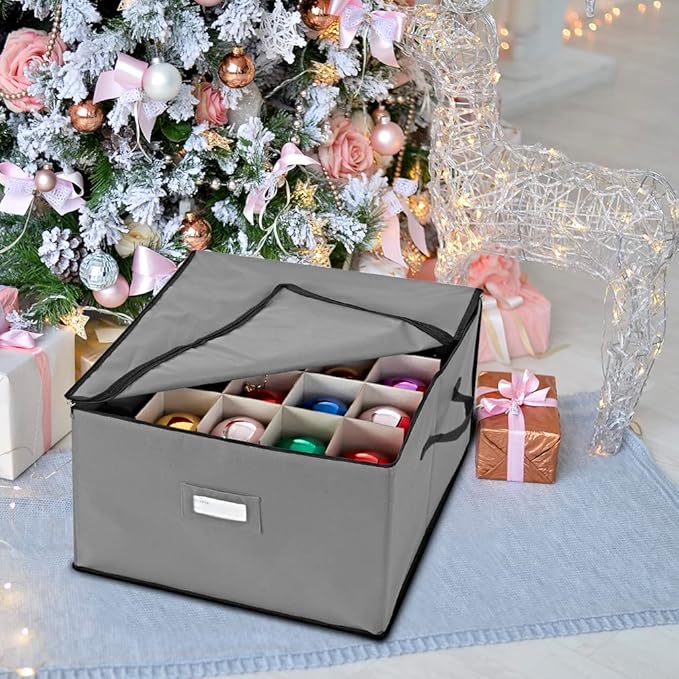 ProPik Holiday Ornament Storage Box Organizer Chest, With 3 Trays Holds Up to 75 Ornaments Balls, With Dividers To Organize (Grey)