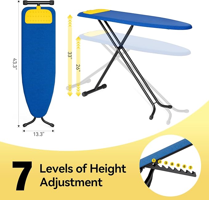 APEXCHASER Ironing Board Full Size, Iron Board with Silicon Rest, Foldable Ironing Boards Standard Size, Heavy Duty Iron Stand Boads, Ironing Table with 7 Height Adjustable Anti-Slip Feet, 13x43 Blue