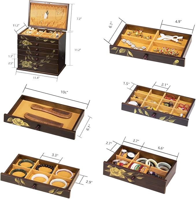 Hand-painted rose Wooden Jewelry Box, 7 Layer Jewelry Organizer, Vintage Wooden Jewelry Boxes for Women,jewelry holder organizer,5 drawer dresser,necklace organizer box with lock