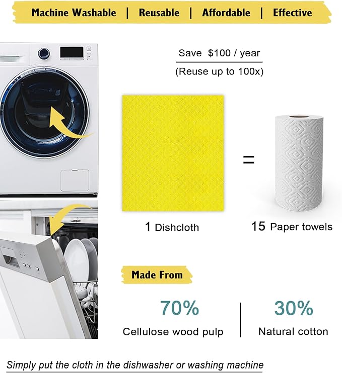 MoLKENE Swedish Dishcloths for Kitchen | 6 Pack Absorbent Cellulose Sponge Cloths Washable | Non-Scratch Reusable Paper Towels Quick Drying Cleaning Cloths - Yellow