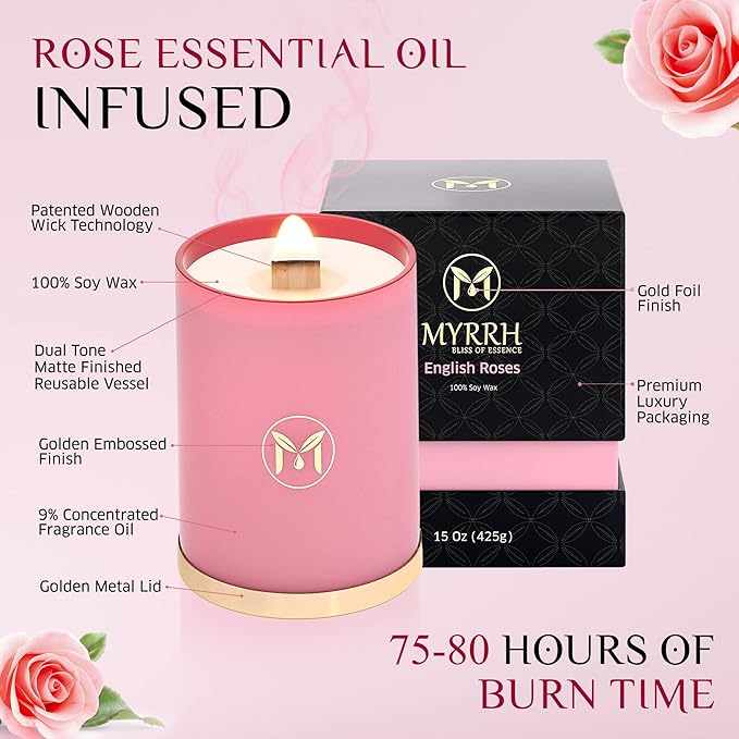 MyrrhUSA Rose Scented Candle – 15 oz Natural Soy Wax with Crackling Wooden Wick & Essential Oils | 80 Hour Burn | Luxury Aromatherapy Candle for Relaxation, Home Décor, Living Room & Bathroom