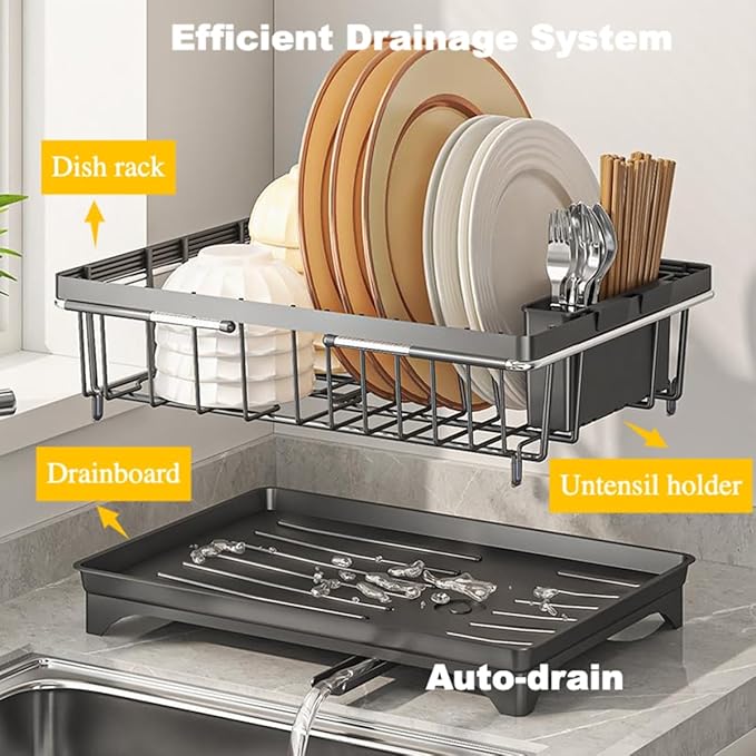 WENVITA Expandable Dish Drying Rack Over Sink, Space-Saving Dish Racks for Kitchen Counter, Dish Drainer Rack in Sink with Removable Utensil Holders, 11.2" D x 14.5" W x 4.5" H, Black