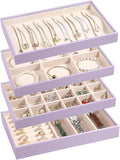 LANDICI Stackable Jewelry Organizer Trays 4 Set,PU Leather Jewelry Organizer Drawer,Jewelry Storage Display Tray for Earring Necklace Rings Bracelet with Removable Dividers,Lavender