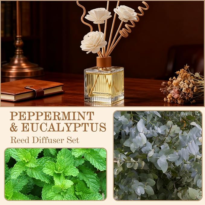 Peppermint & Eucalyptus Reed Diffuser Set-6.7 oz Glass Bottle with 4 Rattan Sticks,3 Dried Flowers,Adjustable,Long-Lasting Scent for Home,Bedroom,Living Room,Office,Bathroom,Aromatherapy Gift Set