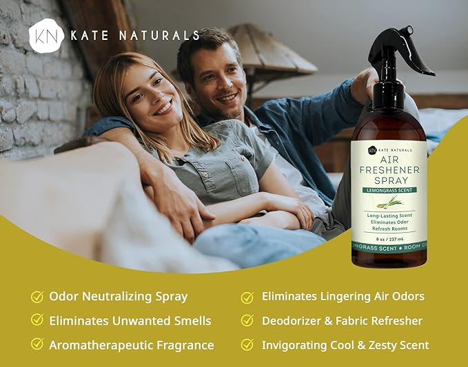 Kate Naturals Air Freshener Spray for Home. Lemongrass Essential Oil Odor Eliminator Room Freshener Spray for Pillows, Bedding, Linen (8 fl oz, Pet Safe, Non-Toxic)