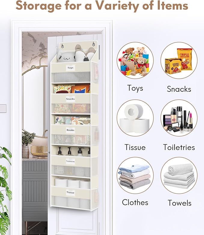 Optish Over The Door Organizer Hanging, 5 Shelf Behind The Doors Storage, Pantry Door Organizer, Closet Organizers for Bedroom and Nursery (Beige)