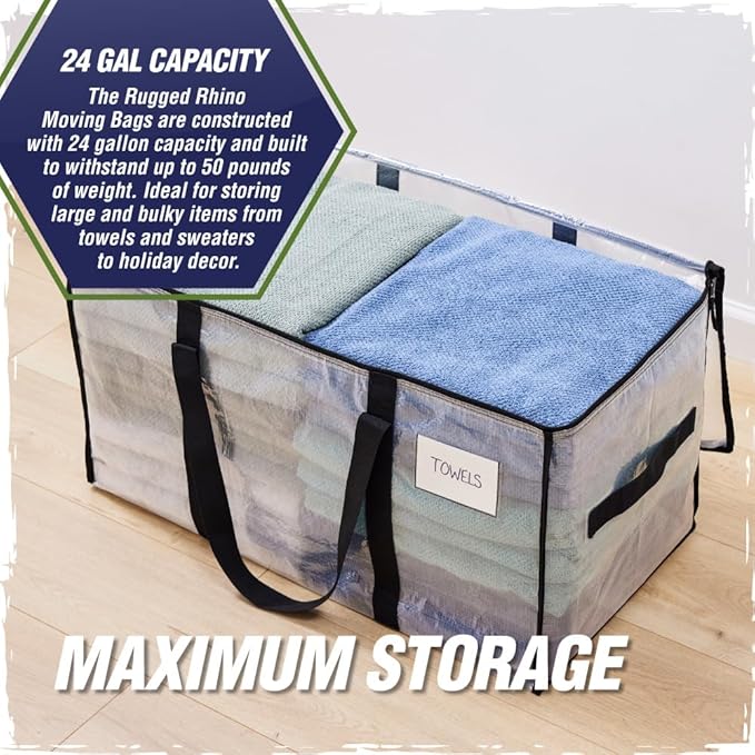 RUGGED RHINO 4 Pack Heavy Duty Extra Large Moving Bags, Durable Bag Strong Handles and Zipper, Moving Boxes Alternative for College Packing, Holiday Décor, Space Saving Storage with Label, Blue/Clear