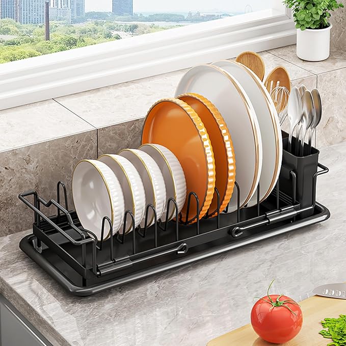 Small Sink Dish Drying Rack - Expandable Dish Rack Over Sink with Drainboard, Adjustable Dish Drainer with Utensil Holder, Compact Plate and Bowl Rack for Kitchen Counter,Black
