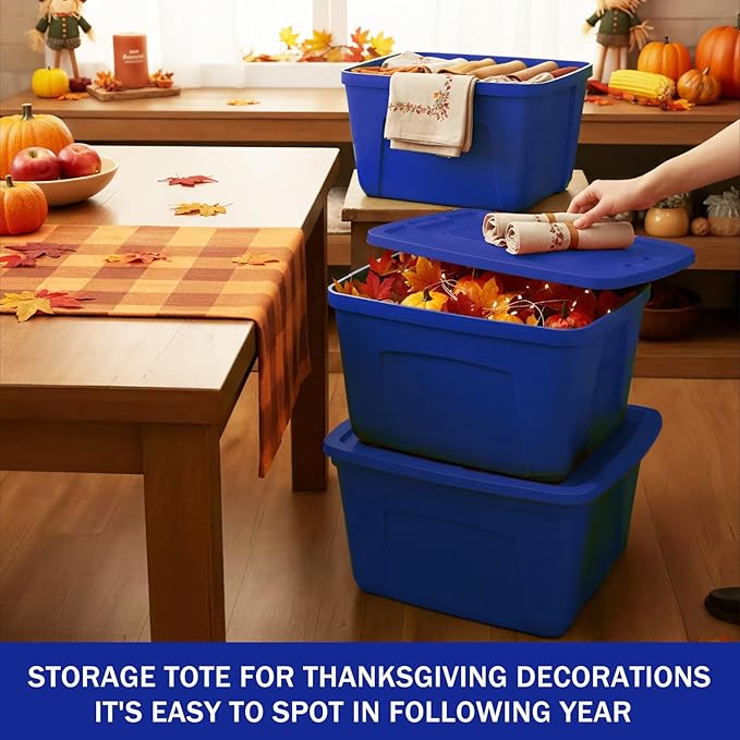 Storage Bins with Lids - Made in USA 18-Gallon (72-Quart) 4-Pack Storage Totes with Lids, Plastic Stackable Containers Large Storage Boxes for Home and Office Organization Blue/Blue