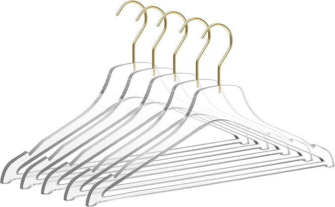 Quality Acrylic Clear Lucite Hangers 5-Pack with Gold Hanging Hooks for Clothes, Pants, Suit Jackets, Coats, and Shirts, Closet and Wardrobe Organization (Matte Gold Hook, 100)