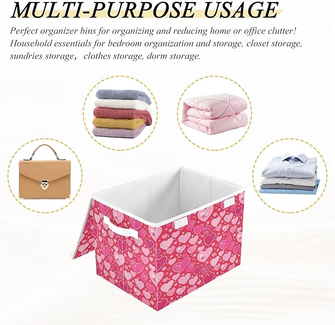 Bolaz Valentines Red Heart Flower Florals Storage Bins with Lids and Handles, Foldable Storage Box Storage Basket with Cover Collapsible Organizer Containers for Home Closet, Shelves