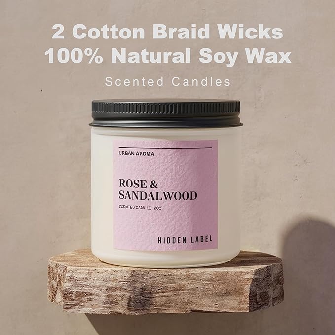 Hidden Label Rose Sandalwood Scented Candle, 12oz 2 Wick Natural Soy Non Toxic Candles, Clean Burning Long Lasting Aromatherapy for Home | Gifts | Décor,Premium Scents for Relaxation & Stress Relief