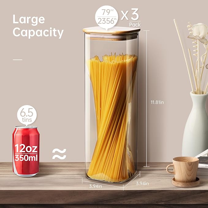 HomArtist Square Glass Jars with Bamboo Lids 79 FL OZ [Set of 3], Glass Canisters with Airtight Lid, Glass Food Storage Containers for Spaghetti, Fettuccine, Linguine,Pasta, Best for Kitchen & Pantry