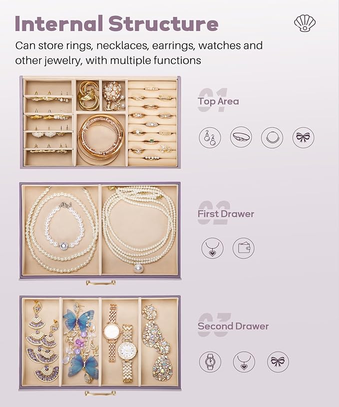 Jewelry Box with 2 Drawers: Jewelry Display Organizer for Earrings Necklaces - Gifts for Girls Women (Grey Purple)