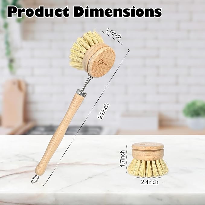 Bamboo Dish Brush with Handle 4 Replacement Heads, Eco-Friendly Potato Scrubber Brush, Compostable & Sustainable, Bamboo Dish Scrubber for Cleaning Kitchen Utensils(Soft Bristles)