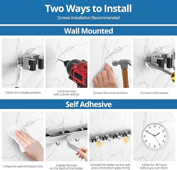 2 Pack Broom Holder Wall Mount Mop and Broom Hanger Broom Organizer Storage Tool Racks Stainless Steel Heavy Duty for Kitchen Garden Laundry Garage (5 Racks with 4 Hooks)