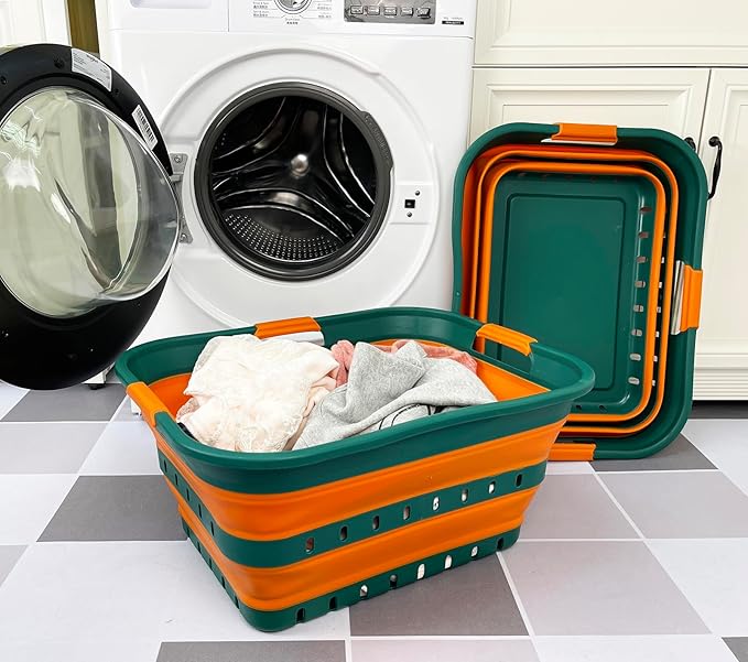 SAMMART 42L (11 gallons) Set of 2 Plastic Foldable Storage Basket/Container - Collapsible, Space Saving and Portable Laundry Hamper, Ideal for Home, Travel, Dorm (2, Teal Green/Autumn leaf)