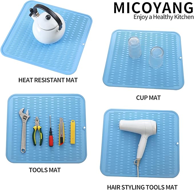 MicoYang Silicone Dish Drying Mat for Multiple Usage,Easy clean,Eco-friendly,Heat-resistant Silicone Mat for Kitchen Counter or Sink,Refrigerator or Drawer Liner Light Blue 2XL 24 inches x 18 inches
