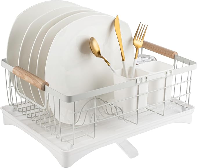 AppleTofu Dish Drainer Rack - Plate, Cutlery, Pots, and Pans Drying Rack for Kitchen with Beechwood Handles - Modern Retro Design Drip Tray with Metal Rack - White