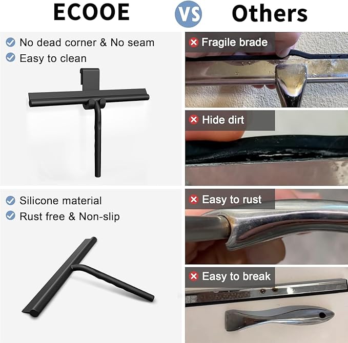 ecooe Silicone Shower Squeegee with Hanger, 11″/28cm Shower Squeegee for Glass Doors, Black Window Squeegee Scraper with Stainless Steel Core for Home Bathroom Kitchen Car Glass Doors