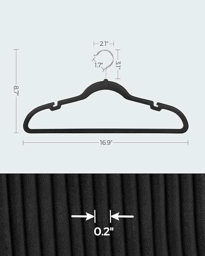 SONGMICS Velvet Hangers 50 Pack, Non-Slip Clothes Hangers, with Shoulder Notches, Pants Bar, 360° Swivel Hook, Space-Saving, for Closet, Ink Black UCRF029B05