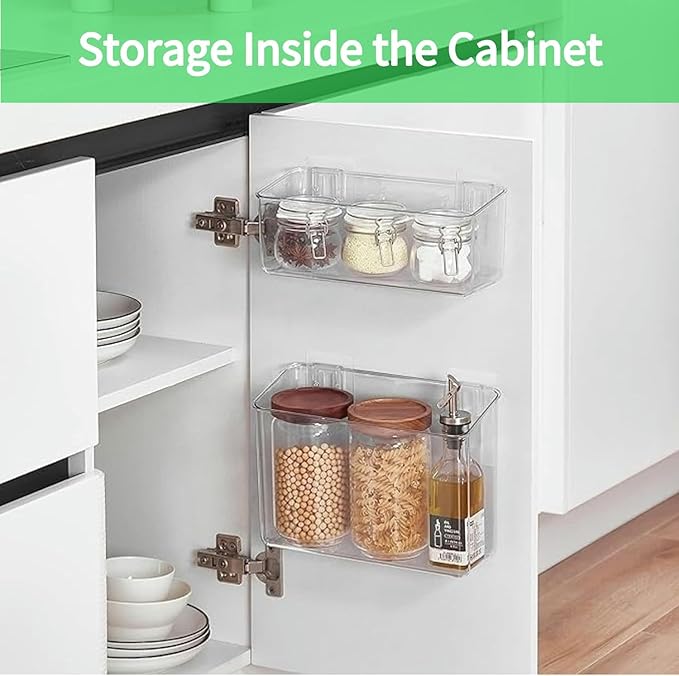vacane 4 Pack Plastic Over Cabinet Door Organizer, Adhesive Mount Storage Organizer Container Makeup Organizer Hanging Basket Bins for Craft Room, Pantry, Office, Space Saving Holder for Kitchen Bags