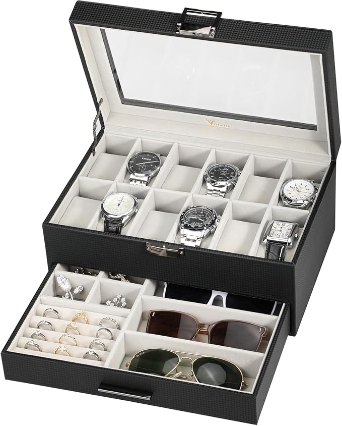 Voova Jewelry Box Watch Boxes Organizer for Men Women, 2 Layer Large 12 Slot PU Leather Watch Storage Case, Glass Top Jewelry Display Holder for Watches Sunglasses Rings Necklaces Bracelets,Black+Grey