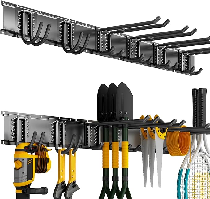 CRXCRC Garage Wall Organizer Wall Mount, 48inch Heavy Duty Garden Tool organizer Storage System, Easy Install With 6 Adjustable Hooks, For Garage, Basement, Shed, Workshop(Black)