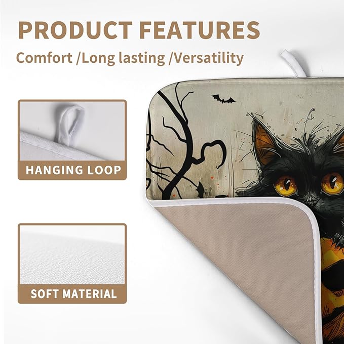 Wnoesat Black Cat Halloween Kitchen Dishes Drying Mat 16x18 Inch Halloween Fall Pumpkin Bat Dish Drying Mats for Kitchen Counter Absorbent Microfiber Dish Rack Mat Drainer Pad for Coffee Bar Sinks